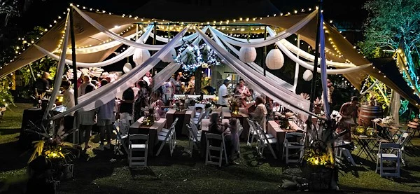 Kuranda wedding reception under a canopy with festoon lighting at night